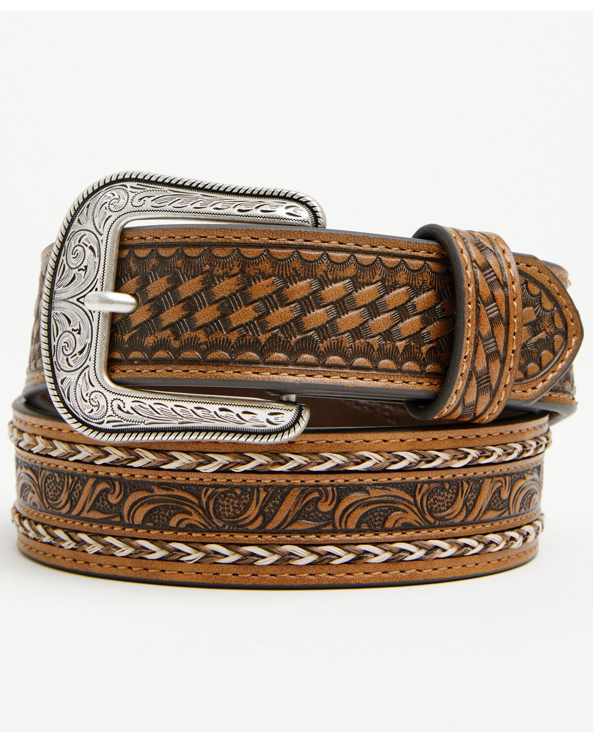 Cody James Boys' Classic Buck Tooled Inlay Belt, Tan, hi-res
