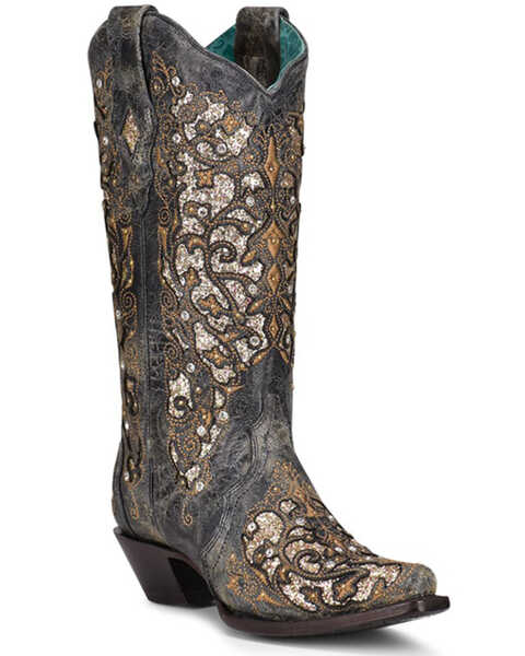 Corral Women's Black Inlay & Studs Western Boots - Snip Toe, Black, hi-res