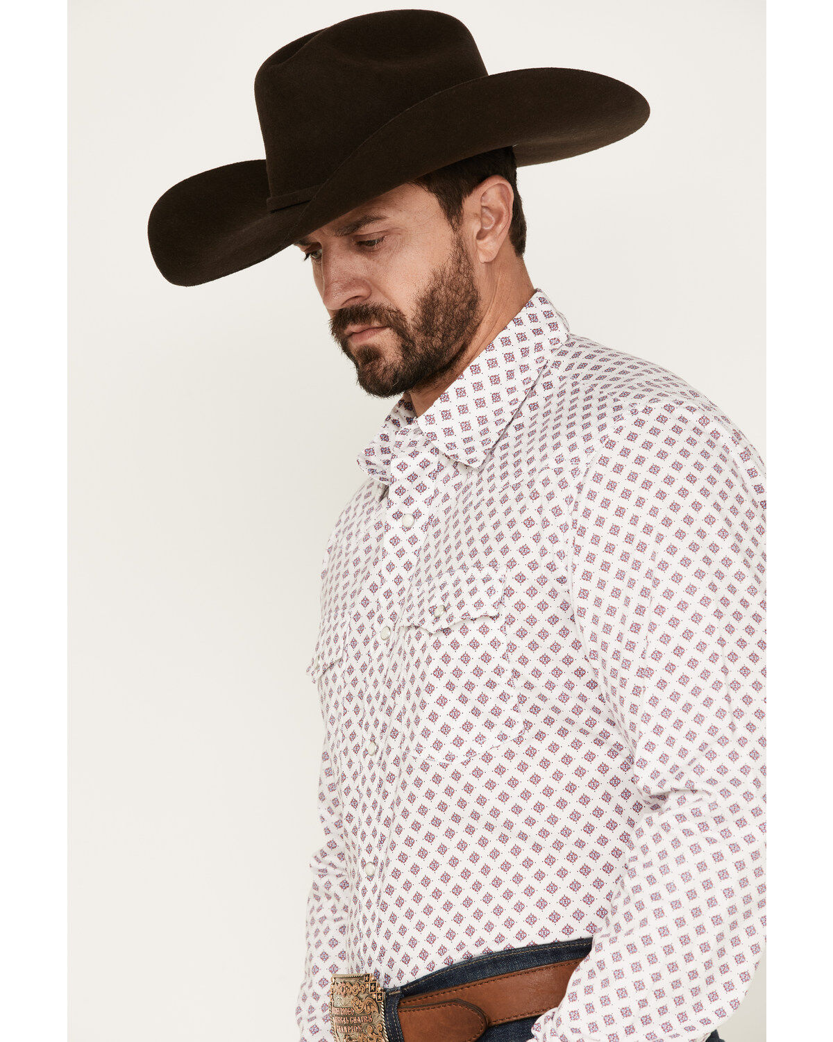 Image #2 - Wrangler 20x Men's Geo Medallion Print Long Sleeve Pearl Snap Western Shirt, Red, hi-res