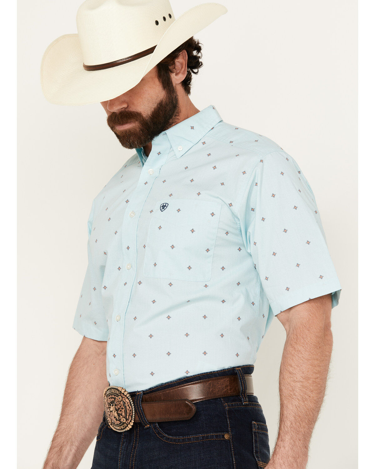 Image #2 - Ariat Men's Royce Geo Print Short Sleeve Button-Down Western Shirt, Light Blue, hi-res