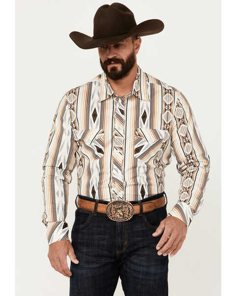Rock & Roll Denim Men's Southwestern Striped Print Long Sleeve Pearl Snap Stretch Western Shirt, Tan, hi-res