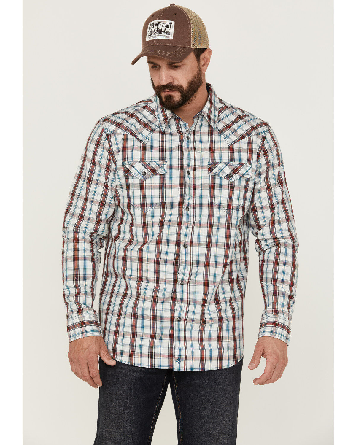 Image #1 - Moonshine Spirit Men's Burning Man Plaid Long Sleeve Snap Western Shirt, White, hi-res
