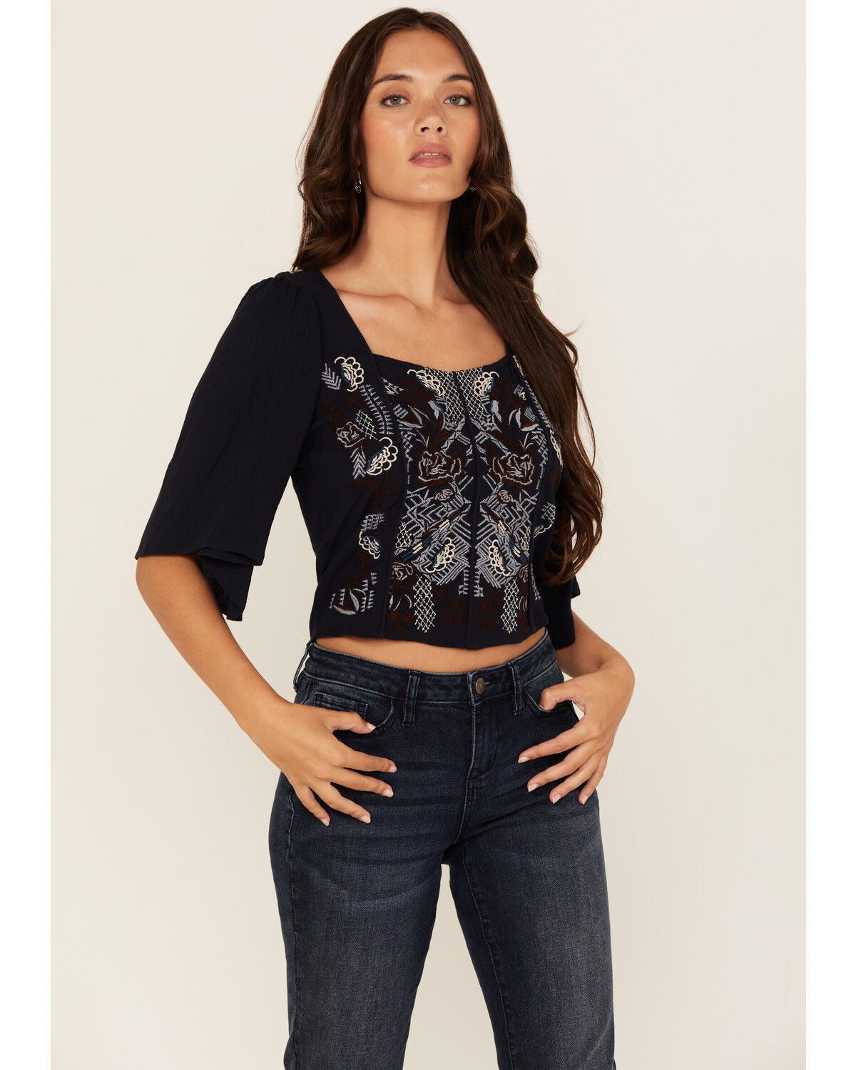 Shyanne Women's Embroidered Short Sleeve Cropped Blouse, Indigo, hi-res