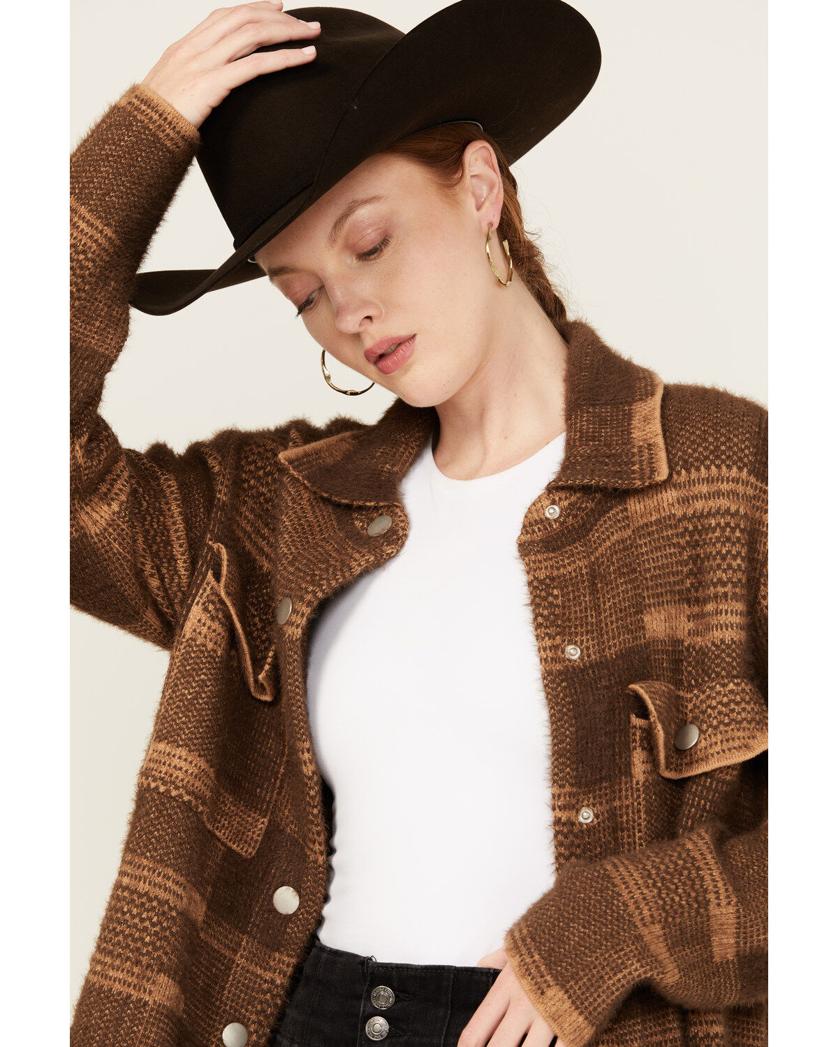 Image #7 - Panhandle Women's Plaid Print Knit Sweater Coat, Dark Brown, hi-res