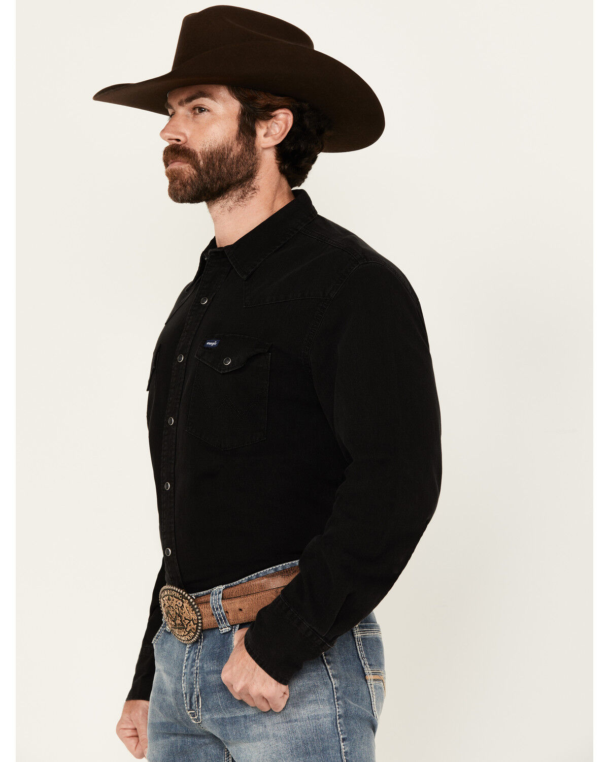 Image #2 - Wrangler Men's Solid Long Sleeve Snap Denim Western Shirt, Black, hi-res