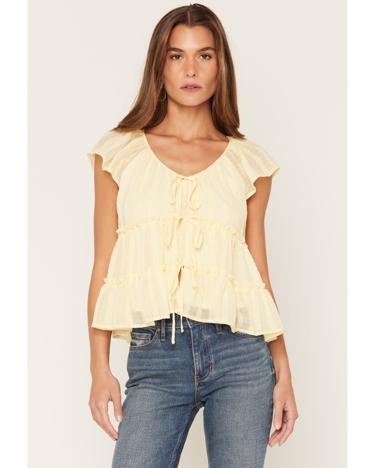 Ash & Violet Women's Short Sleeve Tie-Front Tiered Blouse, Yellow, hi-res