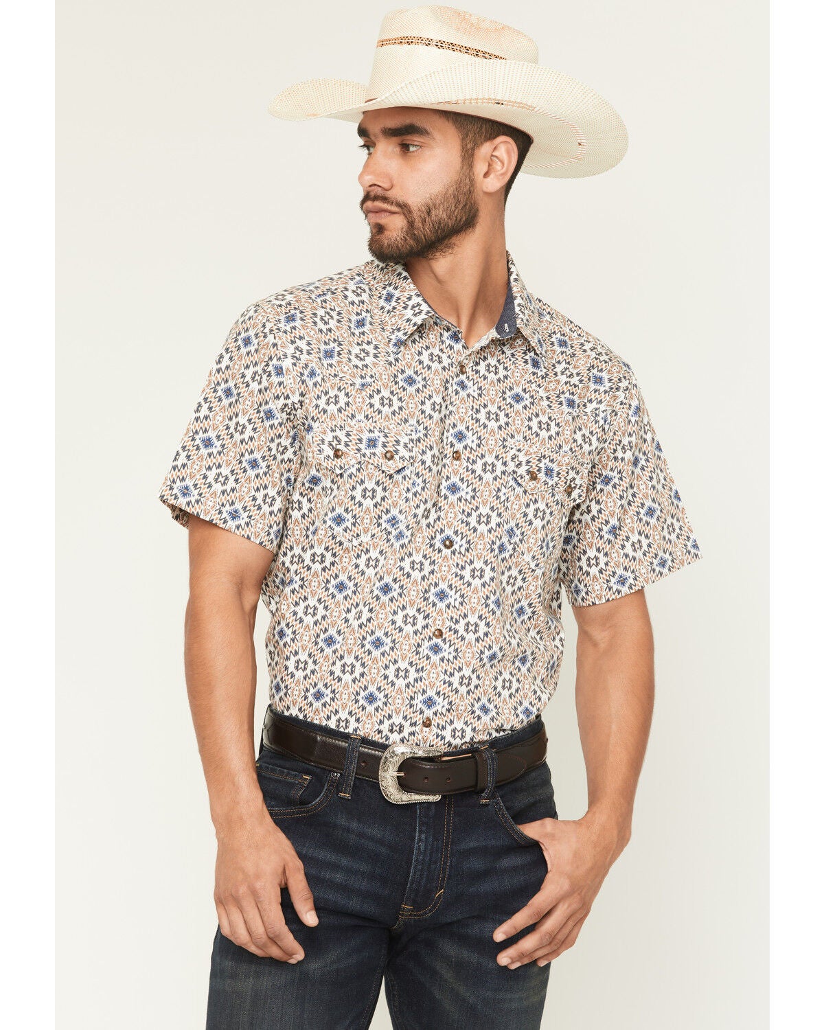 Cody James Men's High Plains Southwestern Print Short Sleeve Snap Western Shirt, Tan, hi-res