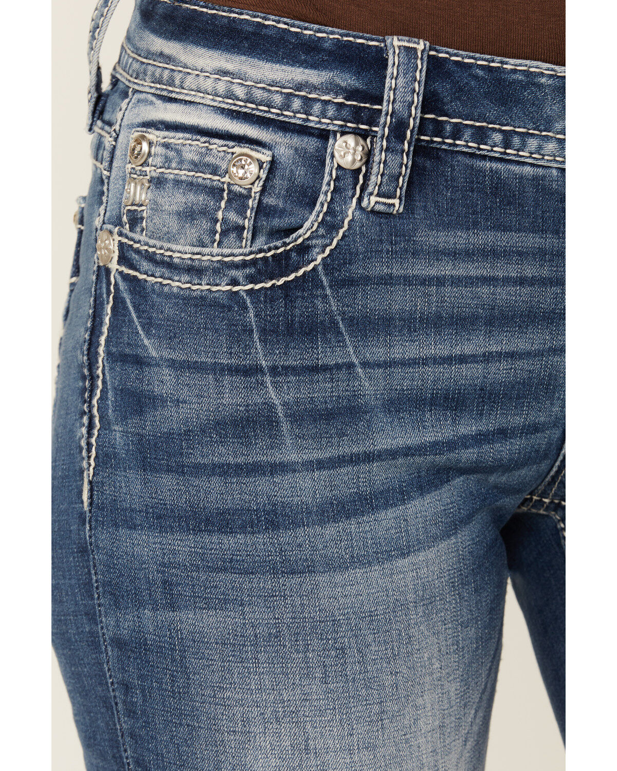Product Name:  Miss Me Women's Medium Wash Floral Border Pocket Bootcut Stretch Denim Jeans
