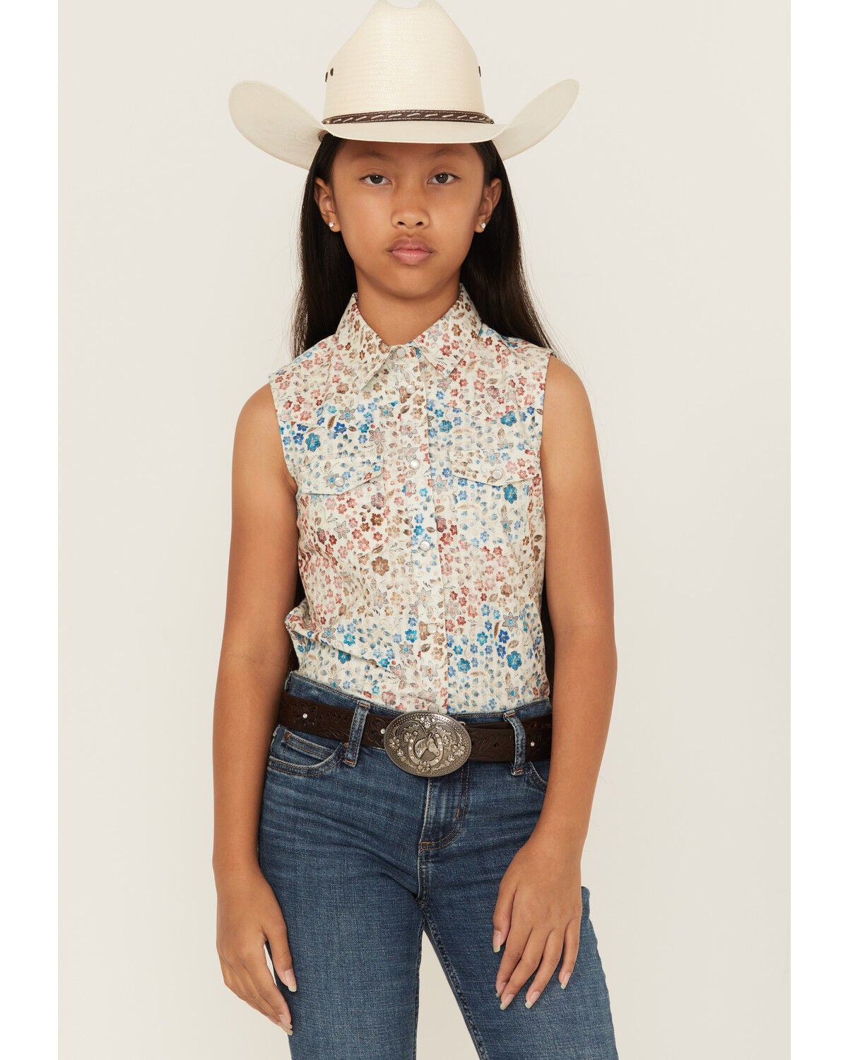 Shyanne Girls' Floral Print Sleeveless Snap Western Shirt, Ivory, hi-res
