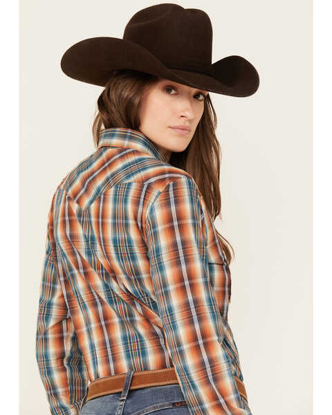 Image #4 - Rough Stock by Panhandle Women's Plaid Print Long Sleeve Pearl Snap Stretch Western Shirt, Rust Copper, hi-res