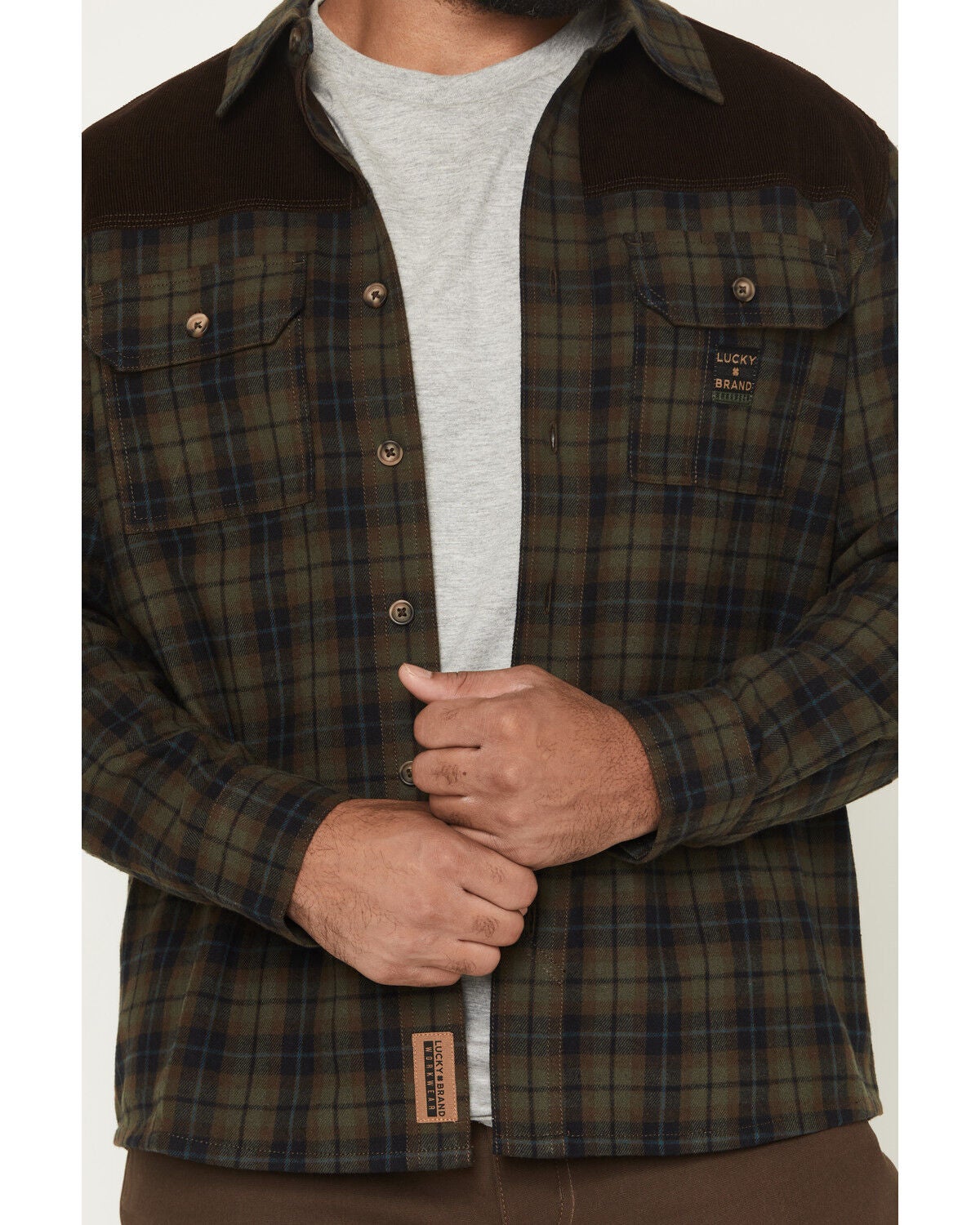 Image #3 - Lucky Brand Workwear Men's Plaid Print Flannel Corduroy Yoke Work Shirt, Olive, hi-res