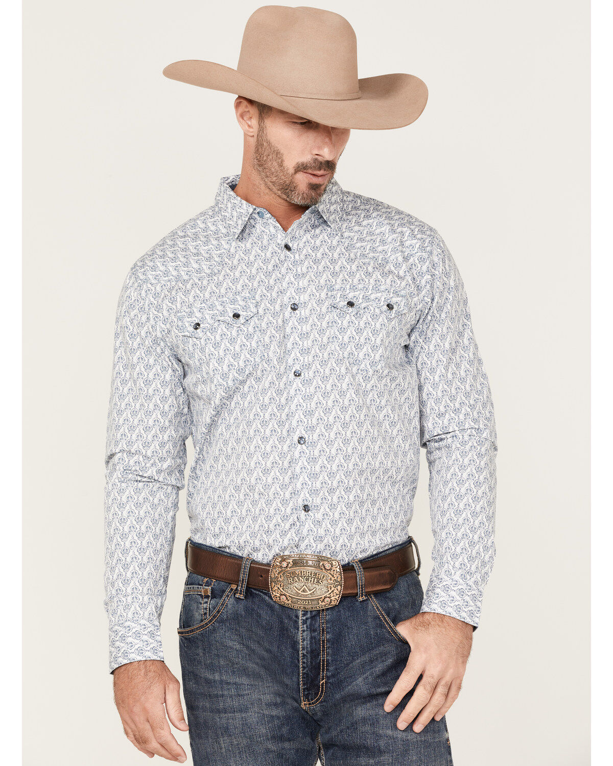 Moonshine Spirit Men's Temple Medallion Floral Print Long Sleeve Snap Western Shirt