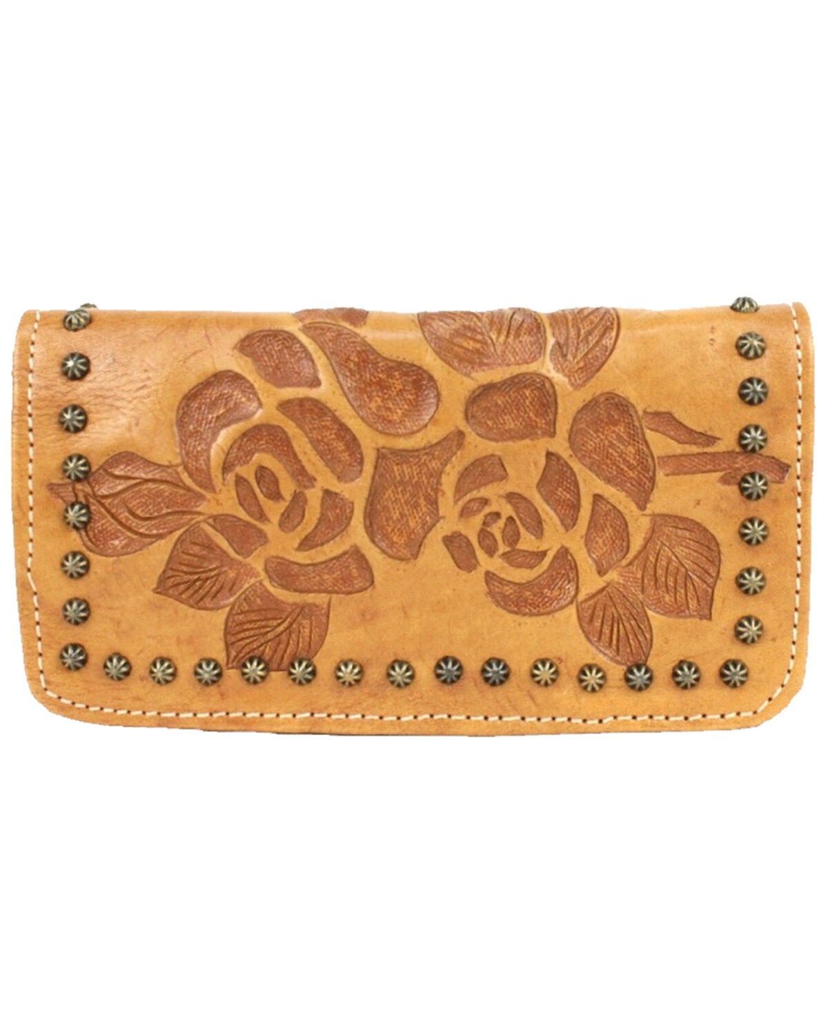 American West Women's Texas Rose Tooled Trifold Wallet, Tan, hi-res