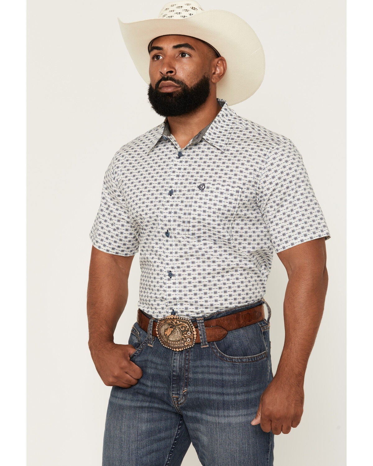 Image #1 - Cody James Men's Re Ride Geo Print Short Sleeve Button-Down Stretch Western Shirt, Ivory, hi-res
