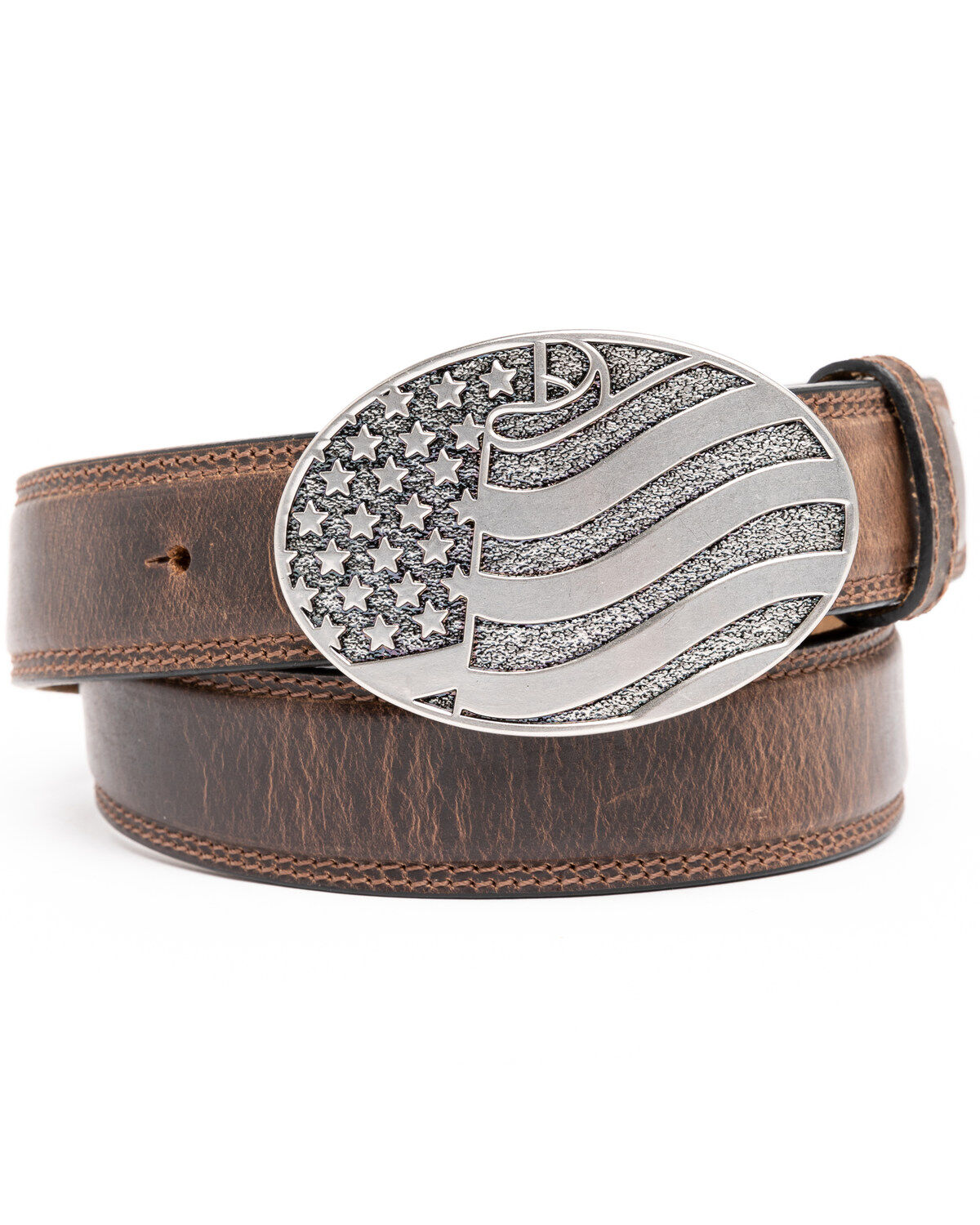 Image #1 - Cody James Men's Brown American Flag Oval Western Buckle Belt , , hi-res