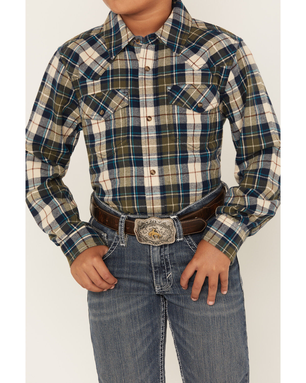 Image #3 - Cody James Boys' Plaid Print Long Sleeve Snap Western Flannel Shirt, Tan, hi-res