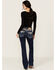 Image #1 - Miss Me Women's Dark Wash Faux Flap Sequin Paisley Pocket Mid Rise Bootcut Stretch Denim Jeans, , hi-res