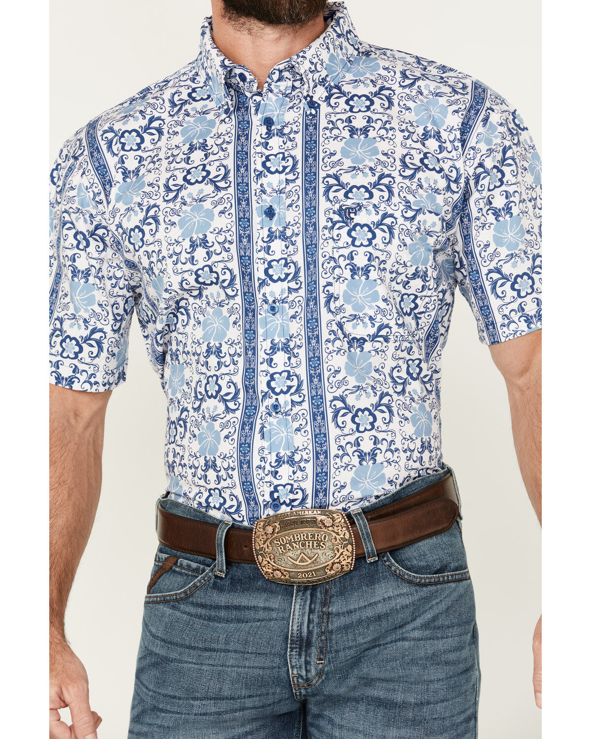 Image #2 - Cowboy Hardware Men's Hawaiian Floral Print Short Sleeve Button-Down Western Shirt, , hi-res