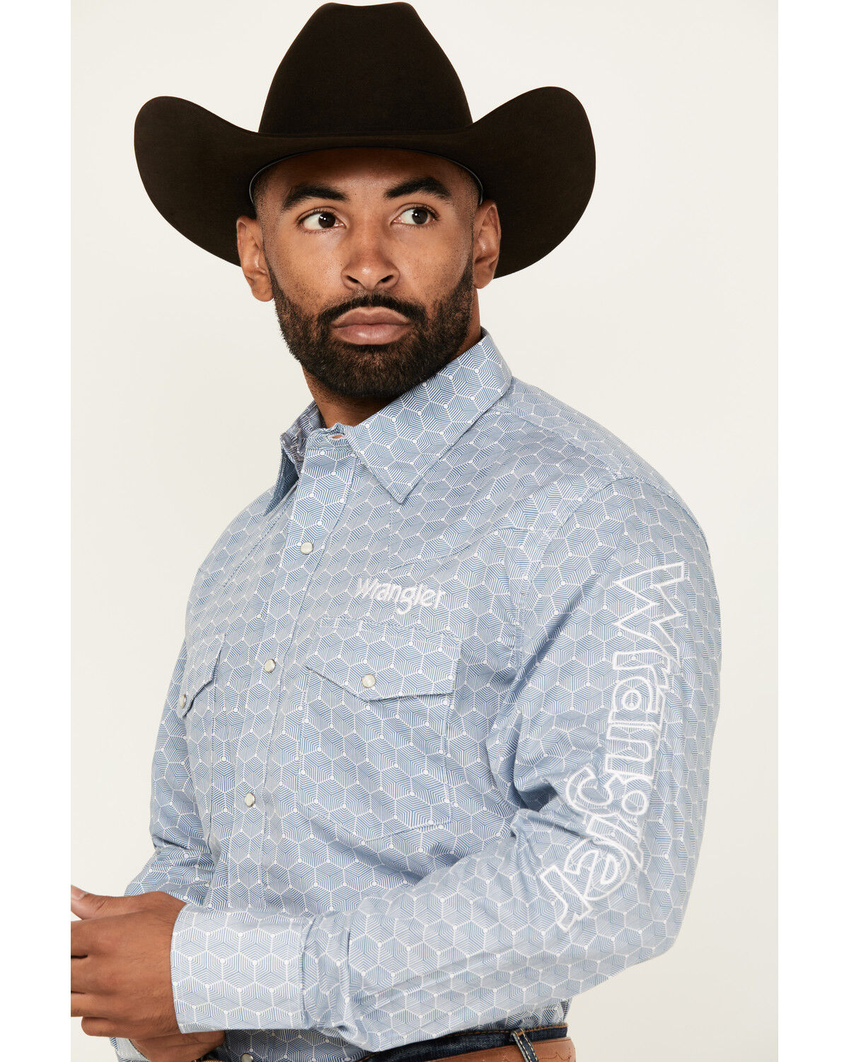 Image #2 - Wrangler Men's Geo Print Logo Long Sleeve Snap Western Shirt - Tall, Blue, hi-res