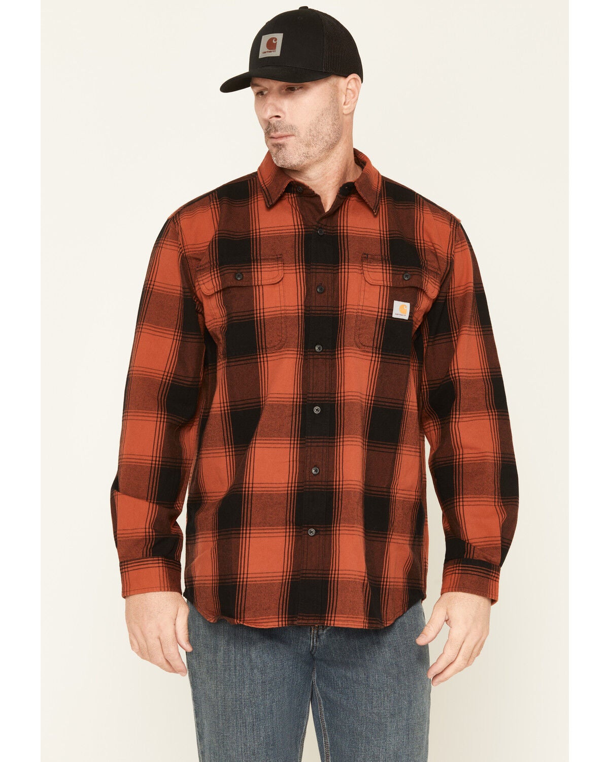 Carhartt Men's Hubbard Loose Fit Heavyweight Plaid Print Long Sleeve Flannel Shirt, Red, hi-res