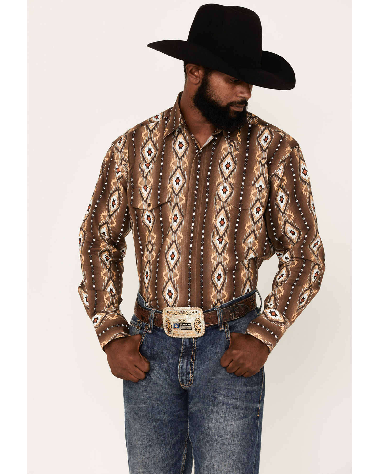 Wrangler Men's Checotah Southwestern Striped Long Sleeve Pearl Snap Western  Shirt