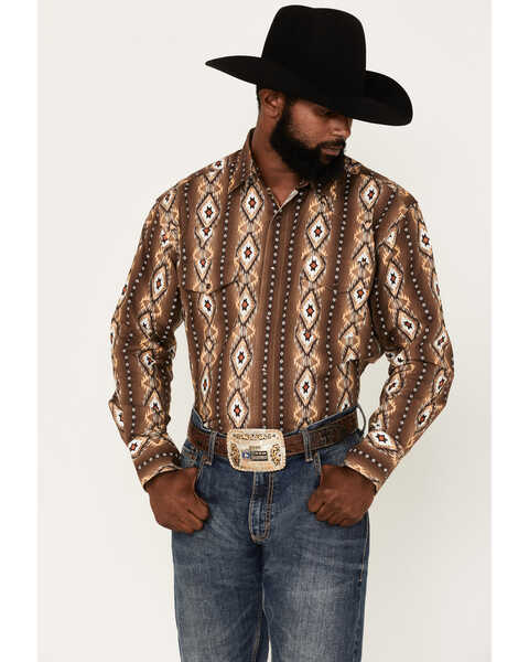 Wrangler Men's Checotah Southwestern Striped Long Sleeve Pearl Snap Western Shirt , Brown, hi-res