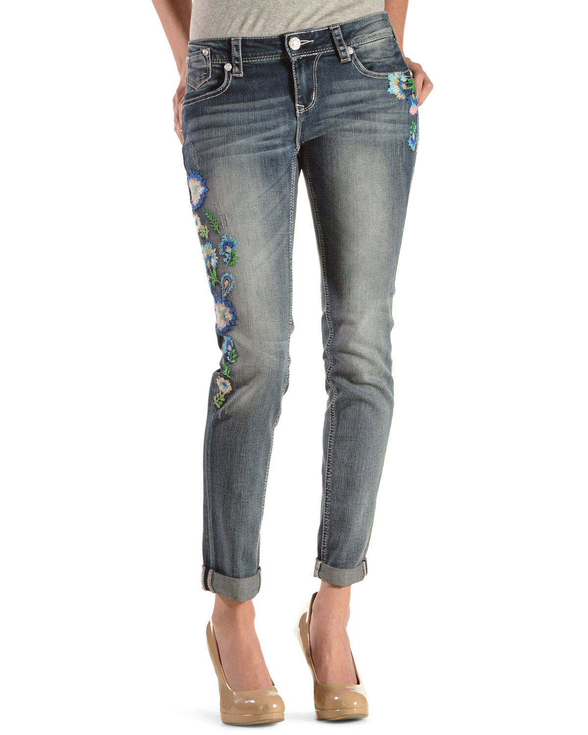 Grace in La Women's Floral Embroidered Skinny Jeans