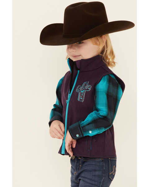 Cowgirl Hardware Girls' Purple Embroidered Cactus Zip-Front Softshell Vest , Purple, hi-res