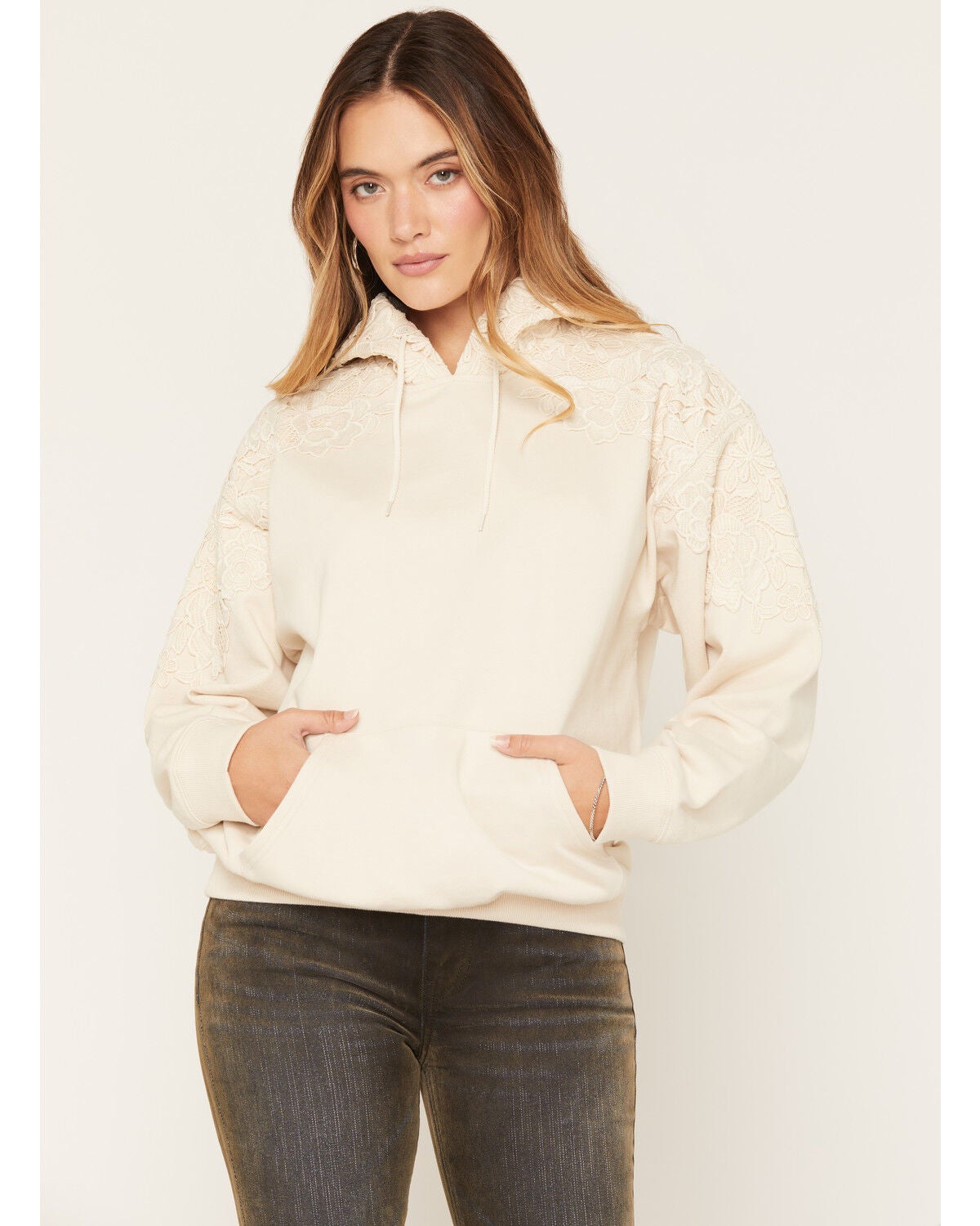 Shyanne Women's Crochet Lace Hoodie, Natural, hi-res