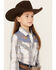 Ely Walker Girls' Textured Retro Plaid Print Long Sleeve Pearl Snap Western Shirt, White, hi-res
