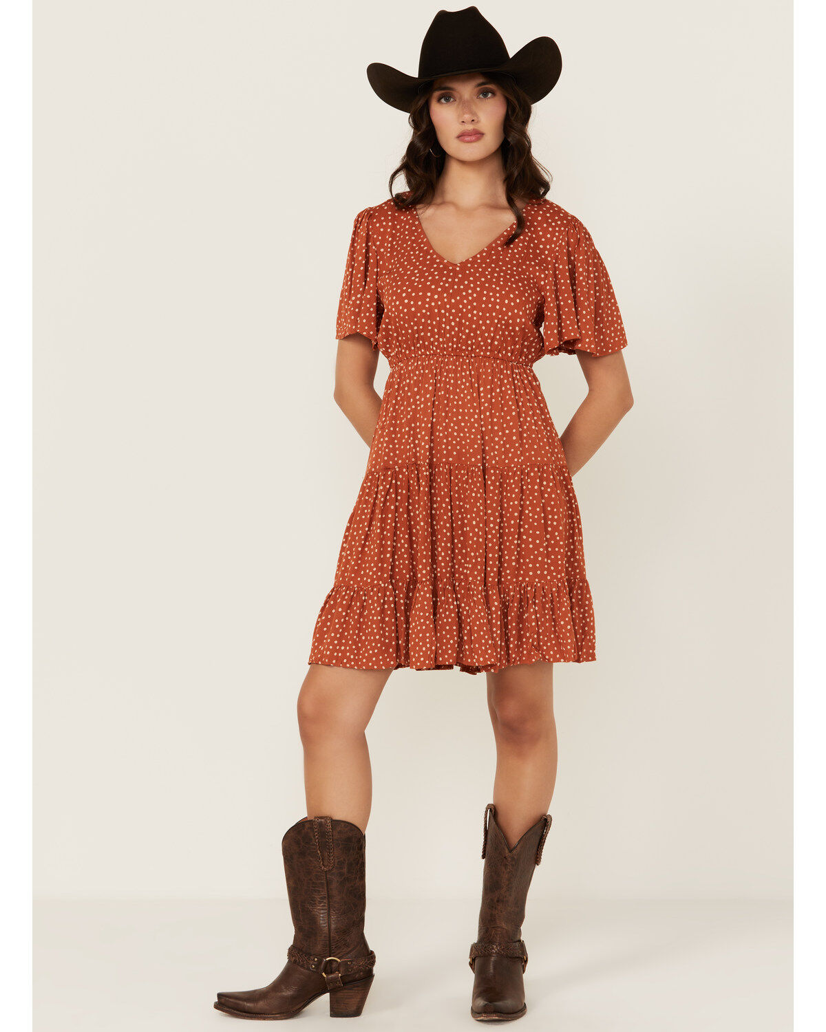 Image #1 - Angie Women's Polka Dot Short Sleeve Mini Dress, Rust Copper, hi-res