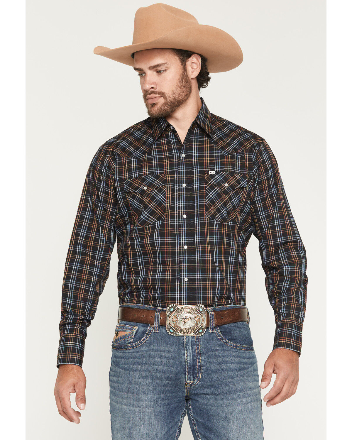 Image #1 - Ely Walker Men's Plaid Print Long Sleeve Sap Western Shirt, Black, hi-res