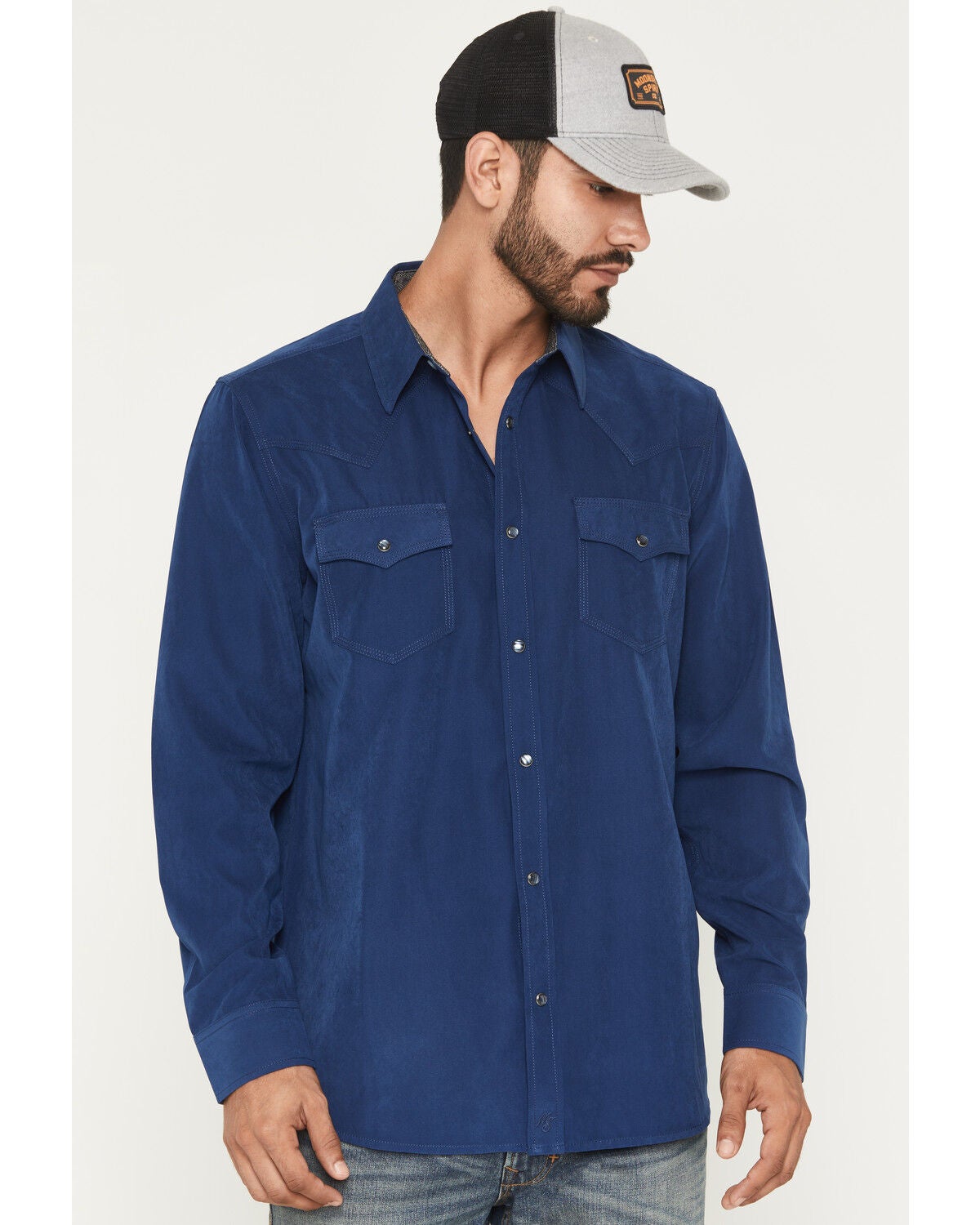 Moonshine Spirit&reg; Men's Side Stage Solid Faux Suede Long Sleeve Pearl Snap Western Shirt, Blue, hi-res