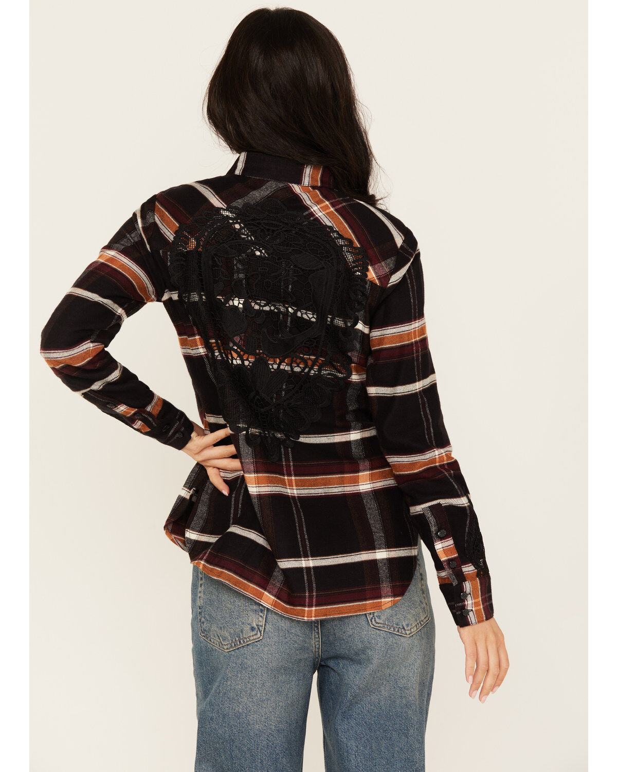 Image #4 - Shyanne Women's Lace Applique Plaid Print Button-Down Flannel Shirt, Black, hi-res