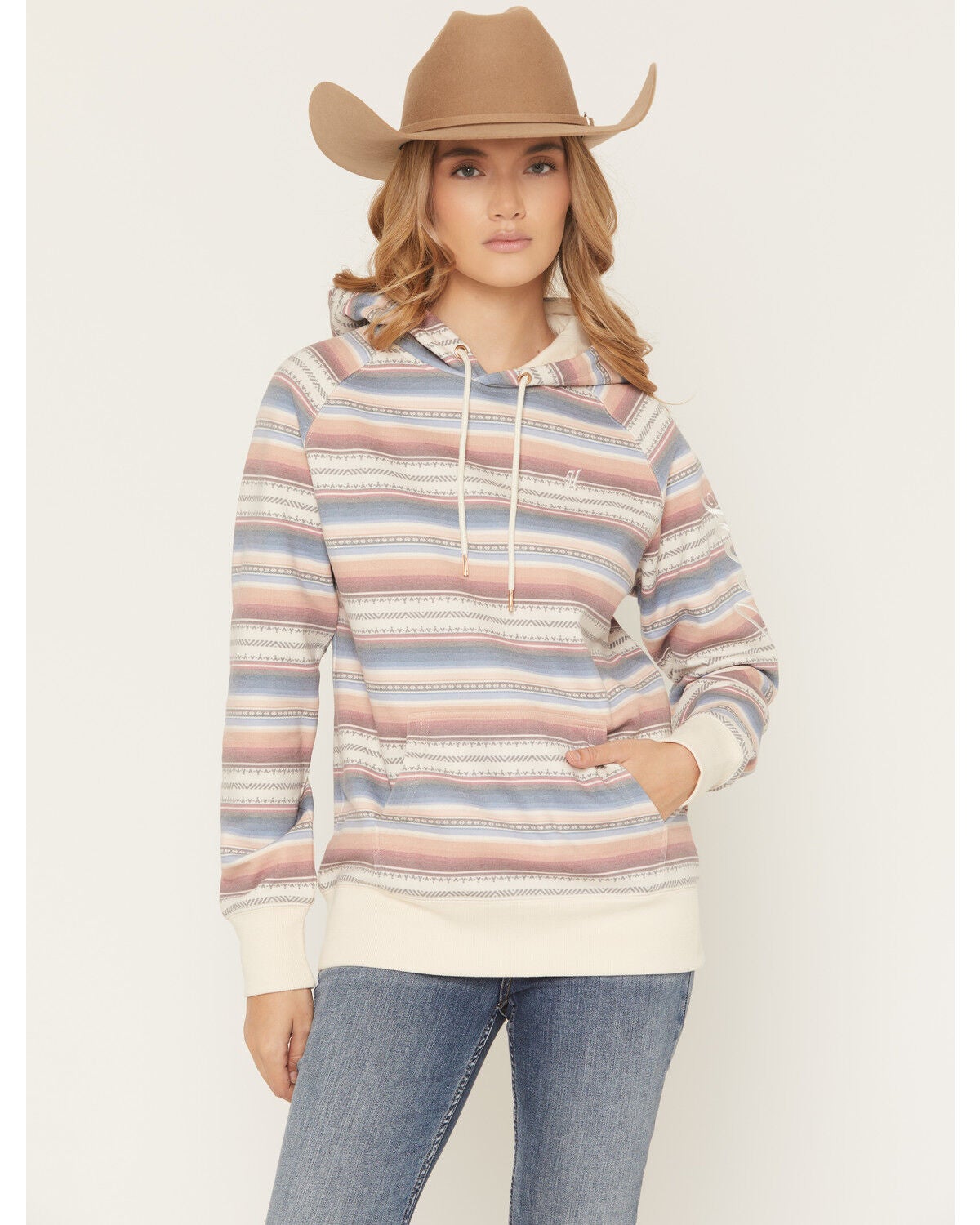 Hooey Women's Serape Striped Print Hoodie, Tan, hi-res