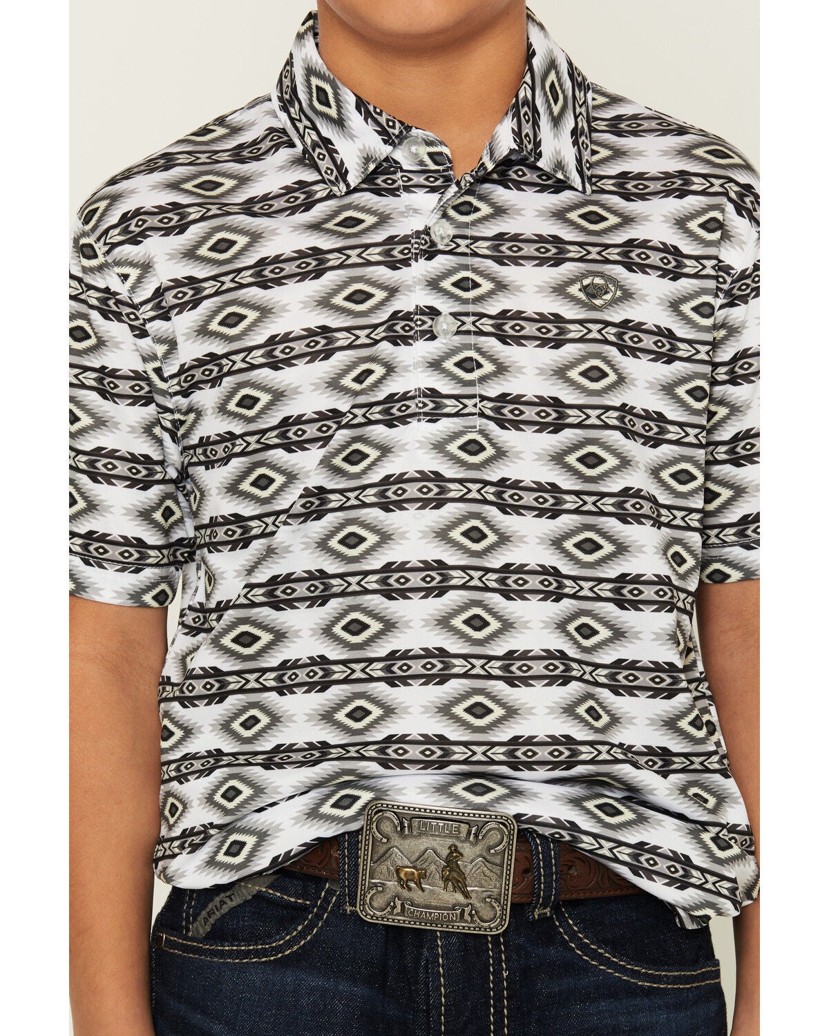 Image #3 - Ariat Boys' AriatTEK Southwestern Geo Print Short Sleeve Button-Down Polo, White, hi-res