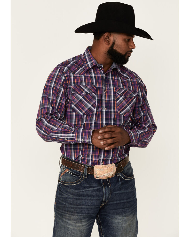 Rodeo Clothing Men's Purple Plaid Long Sleeve Snap Western Shirt , Purple, hi-res