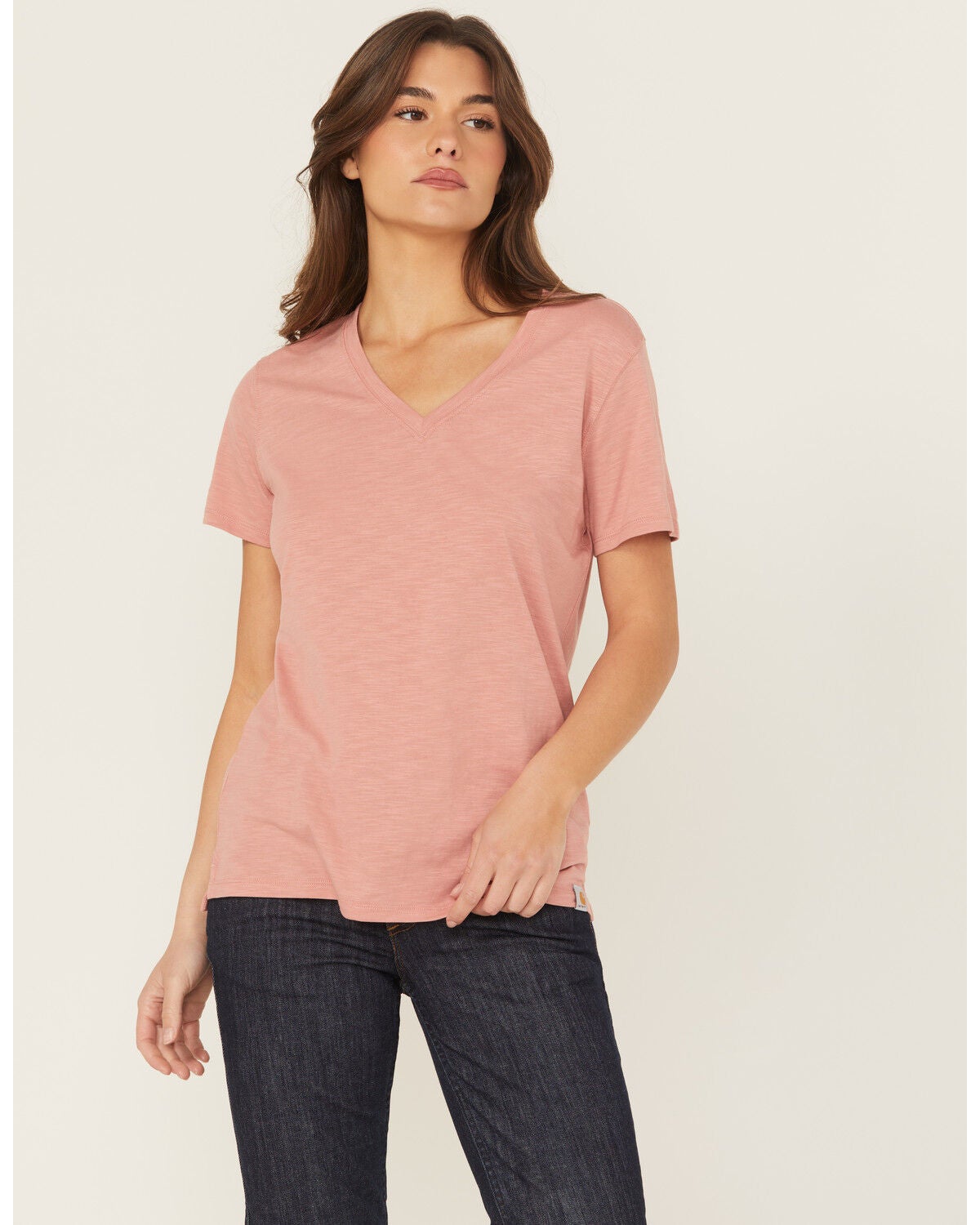 Carhartt Women's TENCEL&trade; Fiber Series Relaxed Fit Short Sleeve V-Neck Shirt, Rose, hi-res
