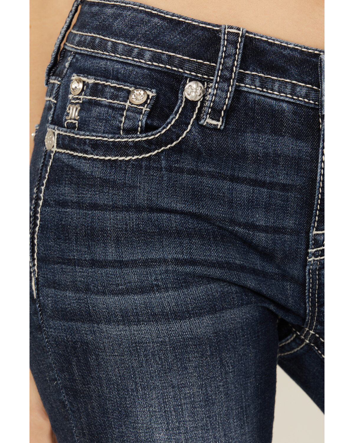 Image #4 - Miss Me Women's Dark Wash Mid Rise Patchwork Pocket 34" Bootcut Stretch Denim Jeans, Dark Wash, hi-res