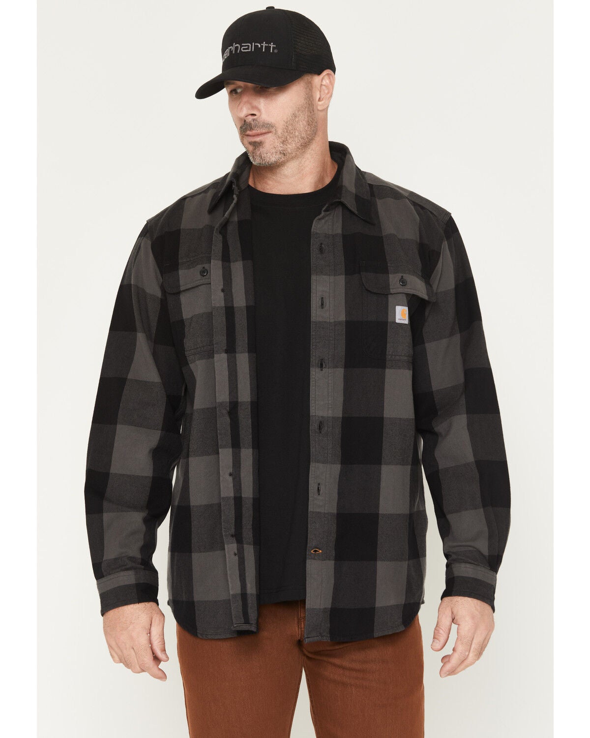 Carhartt Men's Heavyweight Plaid Print Long Sleeve Button-Down Flannel Shirt, Dark Grey, hi-res