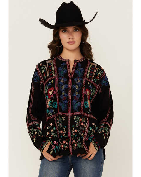 Johnny Was Women's Floral Embroidered Long Sleeve Blouse , Black, hi-res