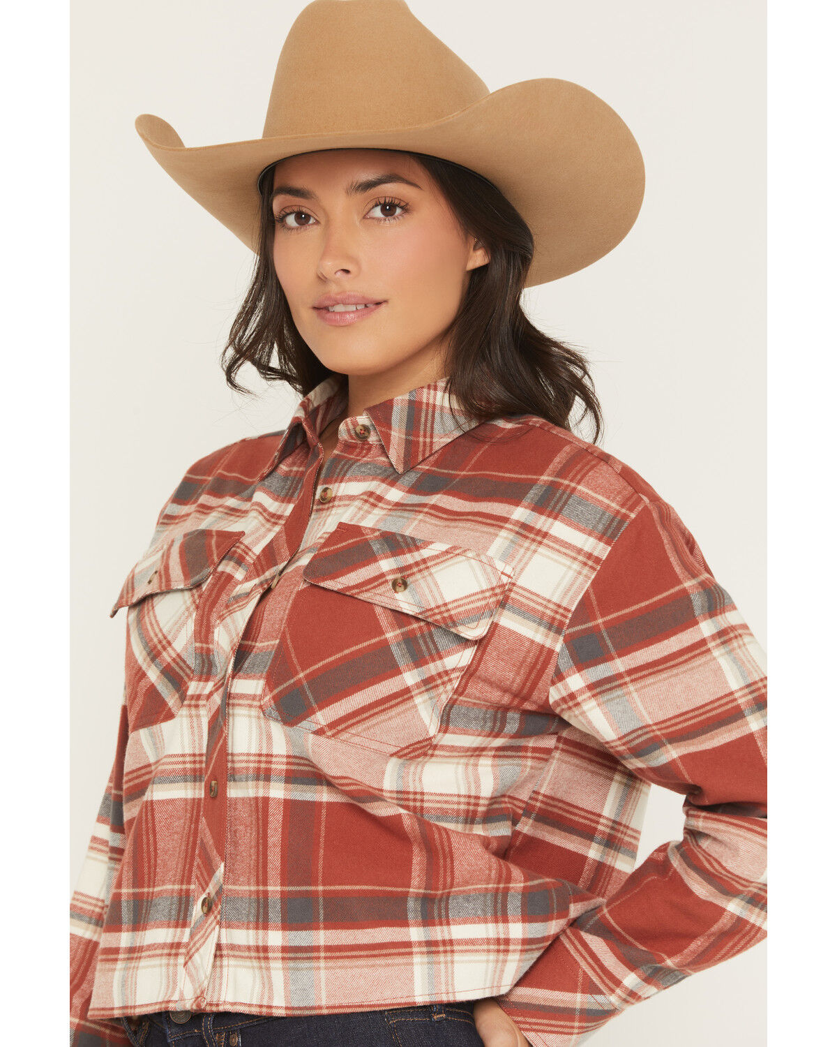 Image #2 - Shyanne Women's Pershing Plaid Print Long Sleeve Cropped Flannel Shirt, Caramel, hi-res