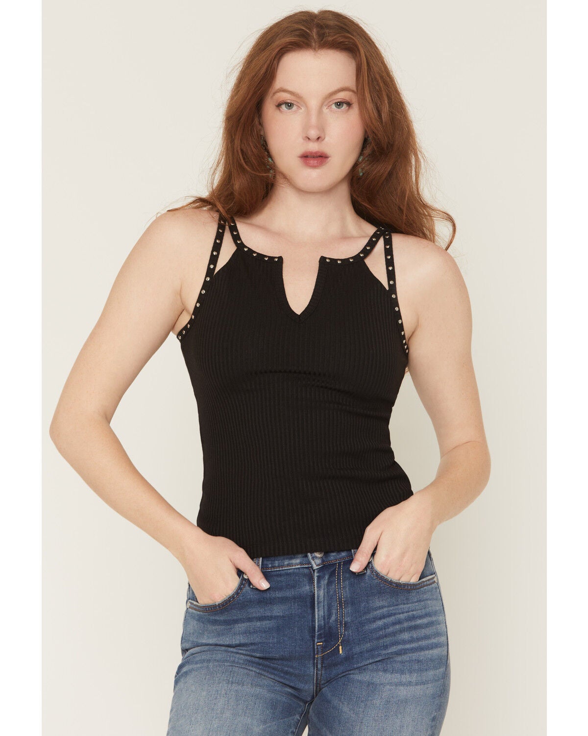 Miss Me Women's Studded Sleeveless Tank Top, Black, hi-res