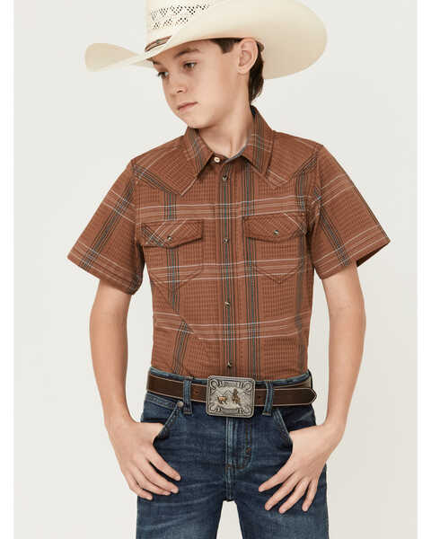 Cody James Boys' Plaid Print Short Sleeve Snap Western Shirt, Brown, hi-res