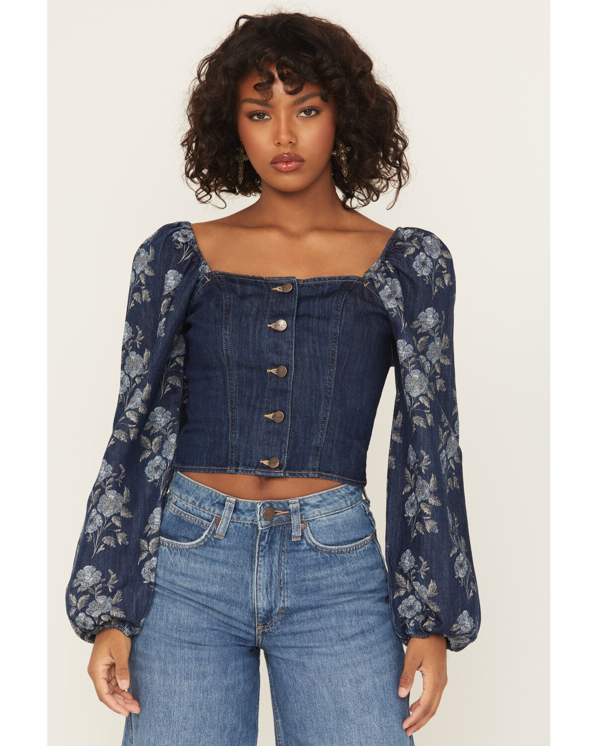 Image #1 - Wrangler Retro Women's Floral Tapestry Sleeve Denim Blouse, Dark Wash, hi-res