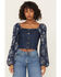 Image #1 - Wrangler Retro Women's Floral Tapestry Sleeve Denim Blouse, Dark Wash, hi-res