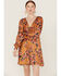 Image #2 - Beyond The Radar Women's Floral Dot Satin Long Sleeve Mini Dress, Mustard, hi-res