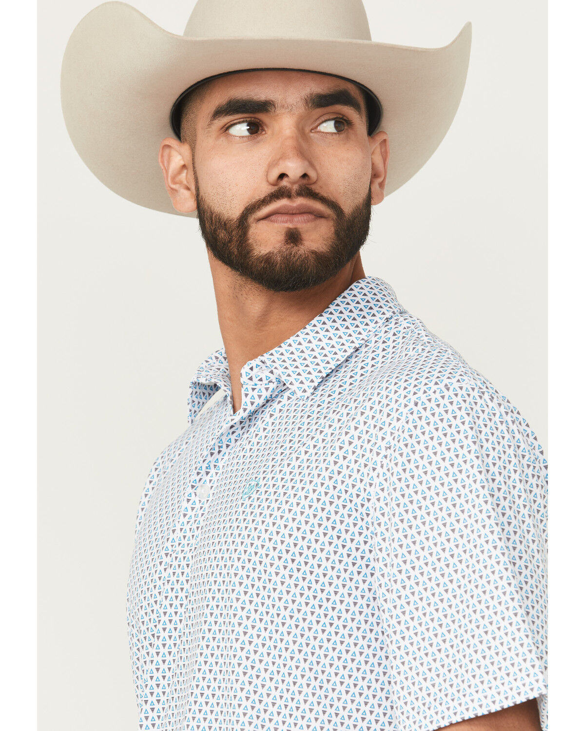 Image #2 - Ariat Men's Geo Print Short Sleeve Button-Down Performance Polo, White, hi-res