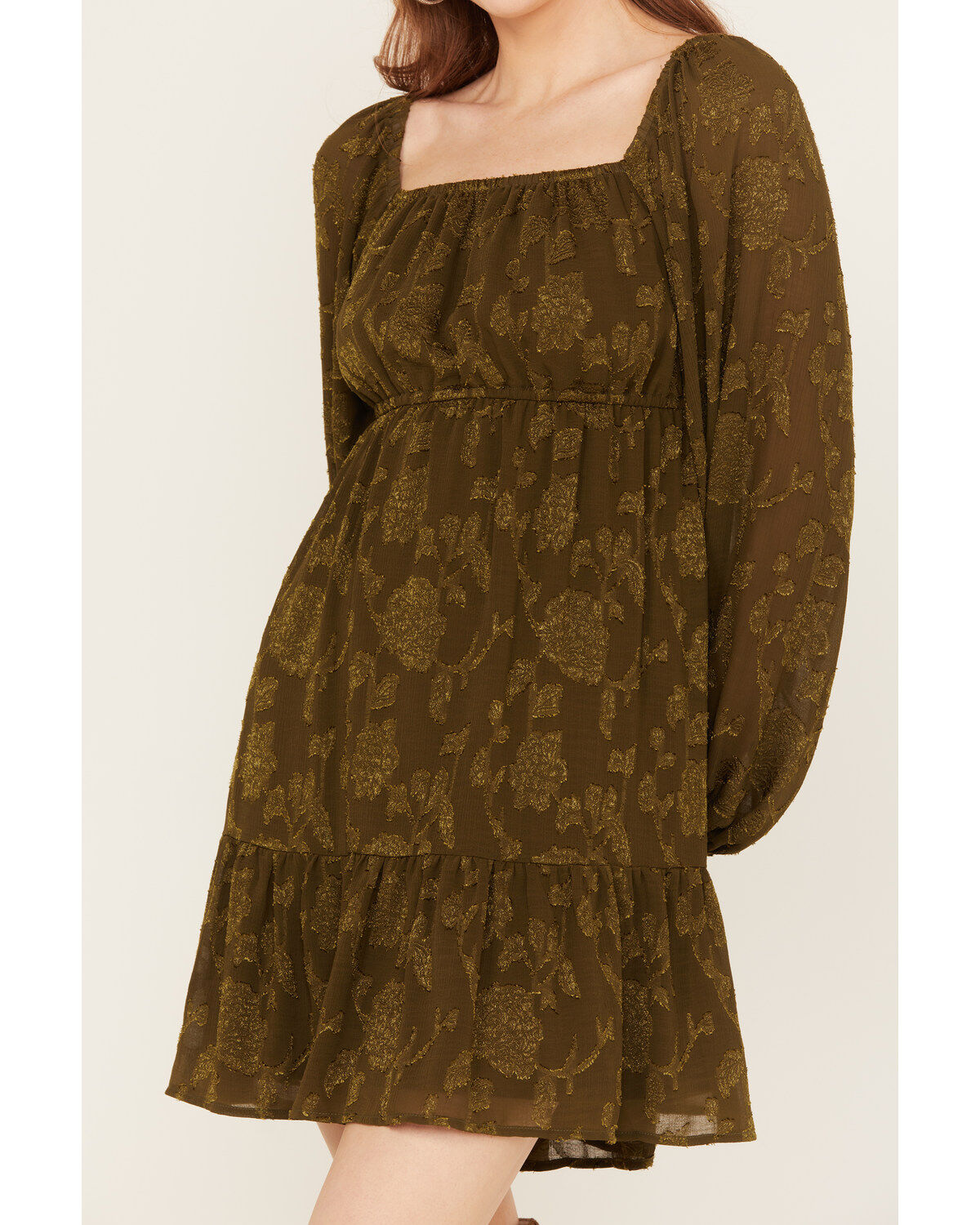 Image #3 - Jolt Women's Jacquard Long Sleeve Mini Dress, Olive, hi-res