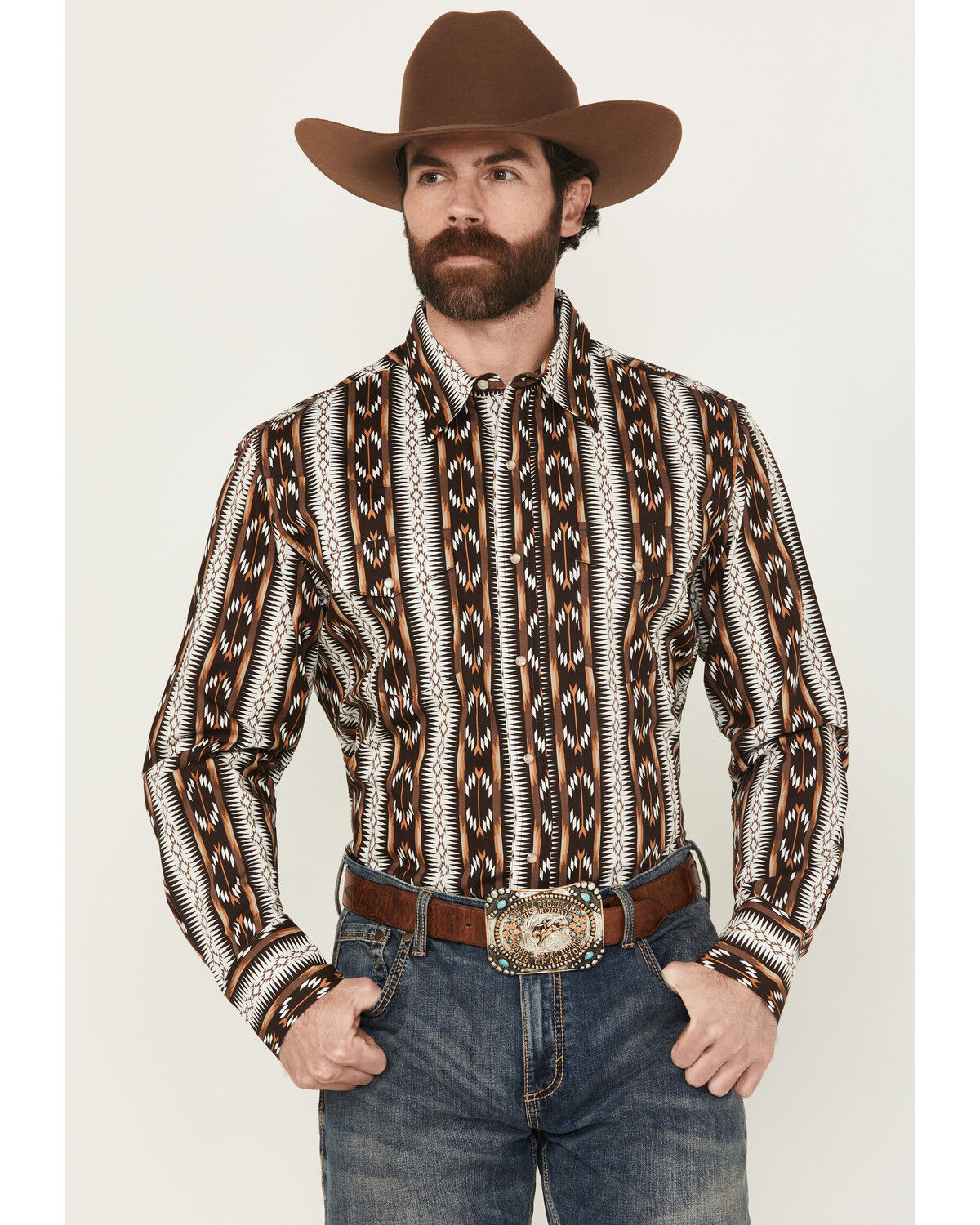 Wrangler Men's Checotah Southwestern Striped Print Long Sleeve Pearl Snap Western Shirt